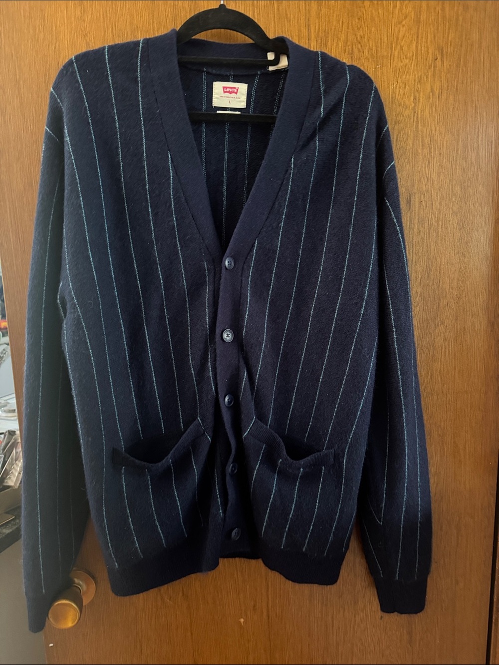 Levi's Navy Cardigan with Light Blue Pinstripe Detail